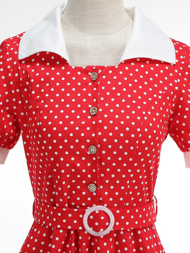 Tonval Retro-Kleider für Damen, 2025, Umlegekragen, Knöpfe vorne, Gürtel, gepunktet, Baumwolle, Rockabilly-Flare-Midikleid – Detail 15