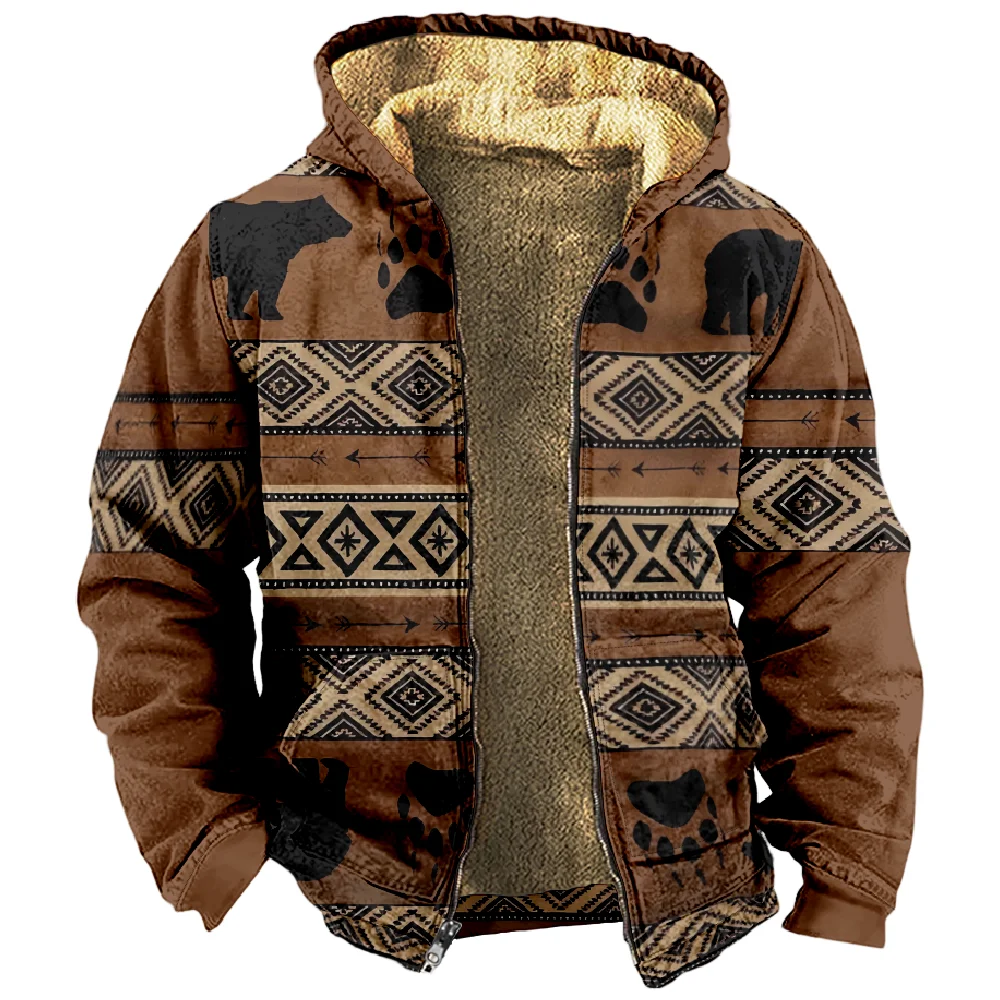 Tribal Prints Graphic Color Block Vintage Hoodie Long Sleeve Zipper Sweatshirt Stand Collar Coat Women Men 2023 Winter Clothes