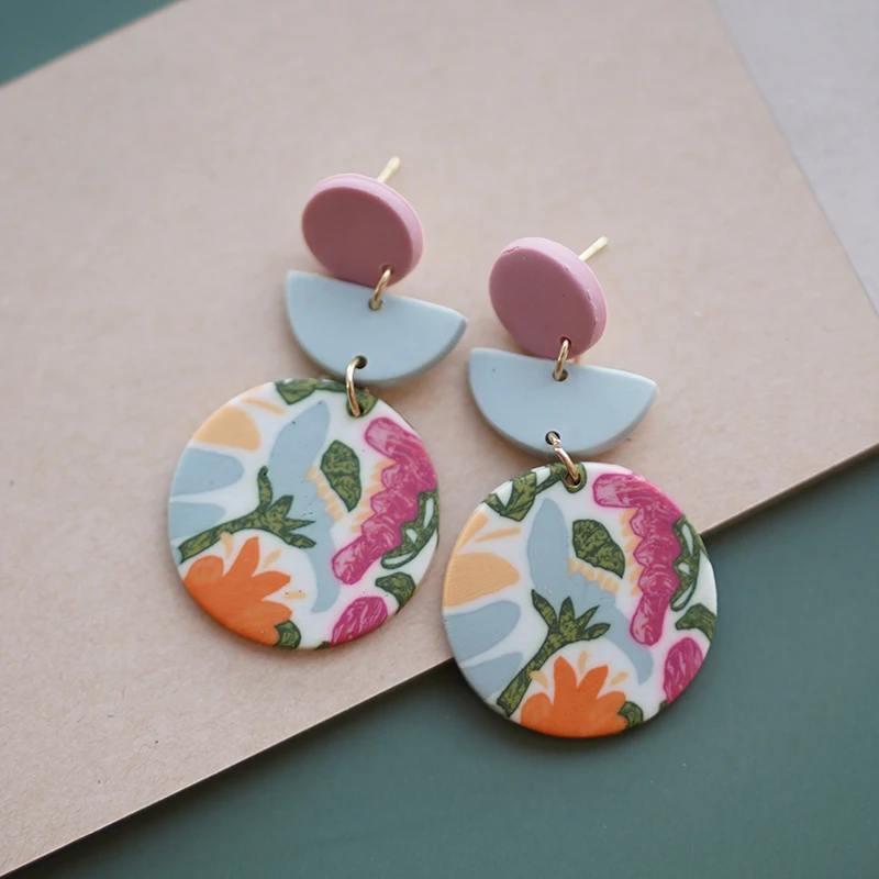 Leaf Pattern Big Size Vintage Multi Shapes Bright Colors  Art Abstract Handmade Polymer Clay Statement Earrings Sets For Woman