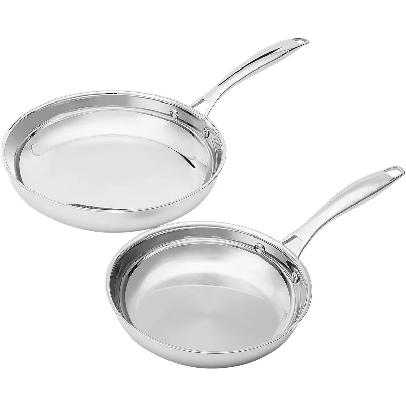 2-Piece Oven Safe, Riveted Handle Stainless Steel Induction Frying Pan Set  Silver, 8Inch & 10Inch