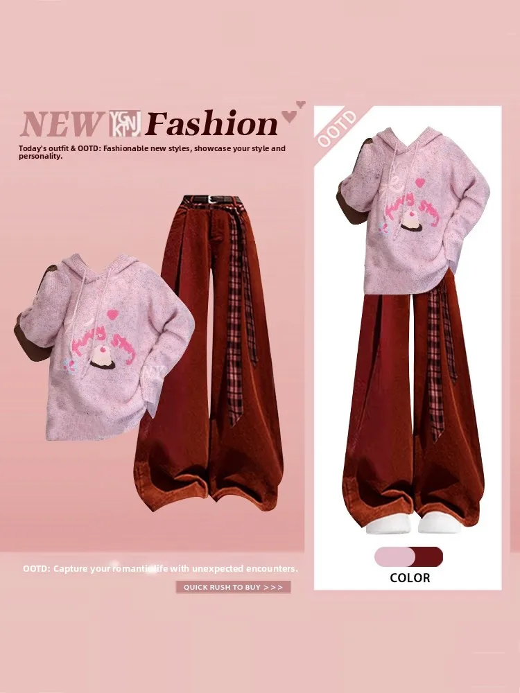 

Корейский комплект из худи и брюк с милым мультяшным принтом, розовый и красный, повседневная одежда для женщин на Новый год, модный ансамбль