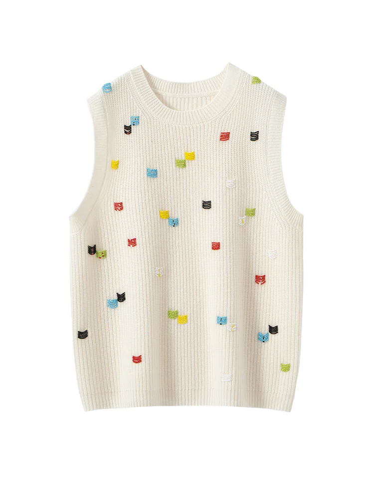 

MEETCC Women 100% Cashmere Pullover O Neck Beaded Pattern Sleeveless Vest Autumn Winter Fit Cashmere Knitwear Soft Warm Tops