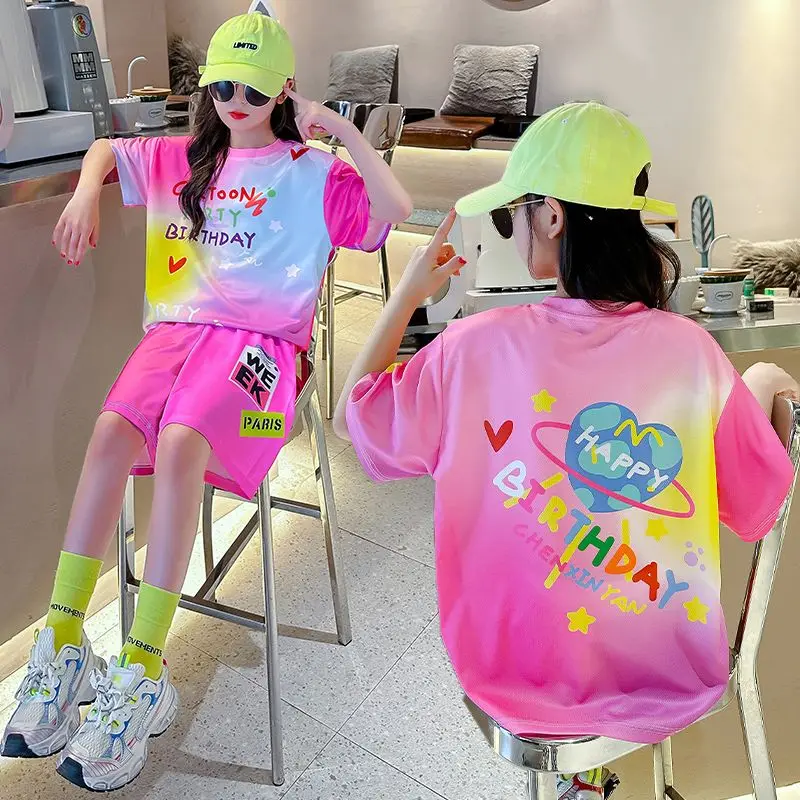 Girls Summer Fashion Trend Quick-drying Rashguard Basketball Sports Suits 5-14 Years Teenage Birthday Gift 2pcs Clothing Sets