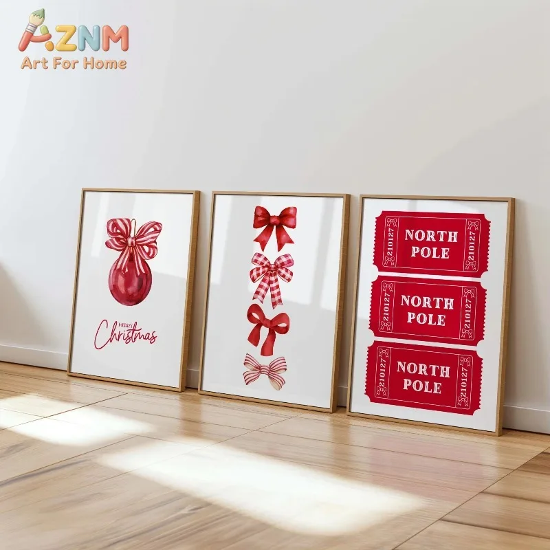 3PCS Red Christmas Canvas Wall Art Christmas Bauble Bow North Pole Ticket Farmhouse Wall Prints Living Room Decor Poster Gift