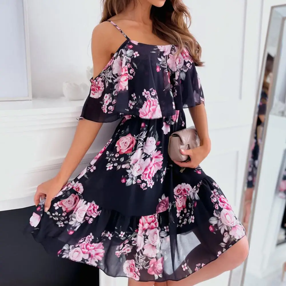 Trendy Mini Dress Flower Print Flounce Edge Colorful Above Knee Short Sleeve Women Dress  Female Dress Spaghetti Strap