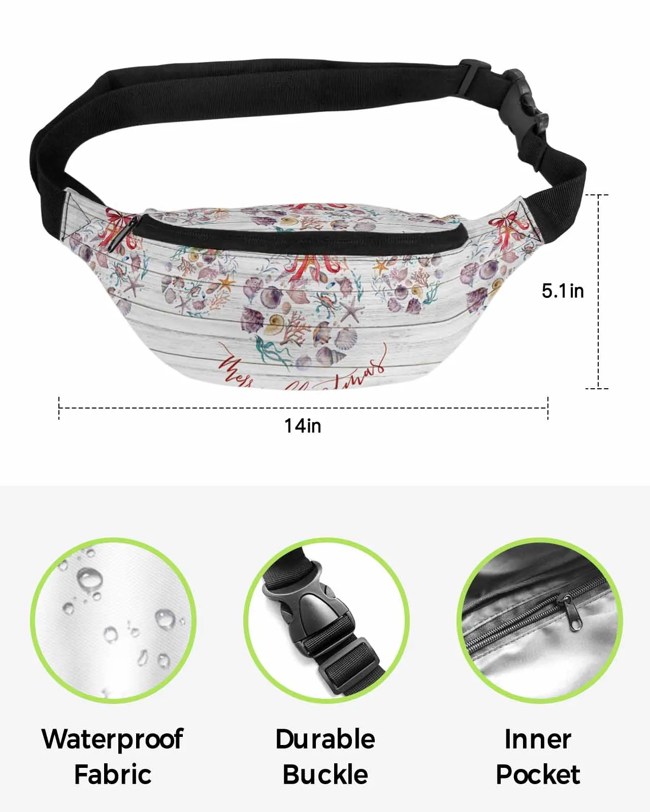 Christmas Ball Shell Sea Star Conch Watercolor  Men Women Waist Bag Fanny Pack Belt Bag Wallet Pouch Waterproof Banana Hip Bags