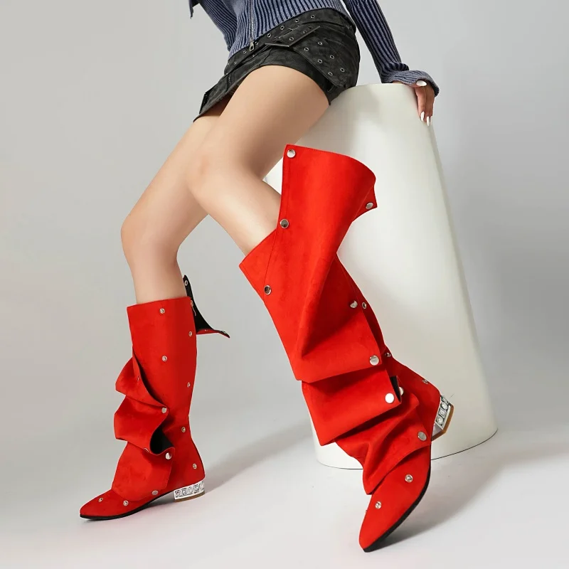 Sexy Punk Boots With Rivet Decoration Rhinestone Square Heel Wrinkled Pointed Toe One Foot Long Tube Fashion Boots For Women