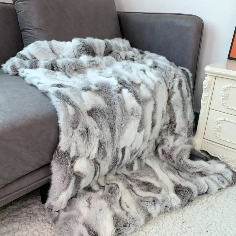 Custom Made Patchwork Rabbit Real Fur Throw Blanket, Fur Rug, CX-D-12/Z