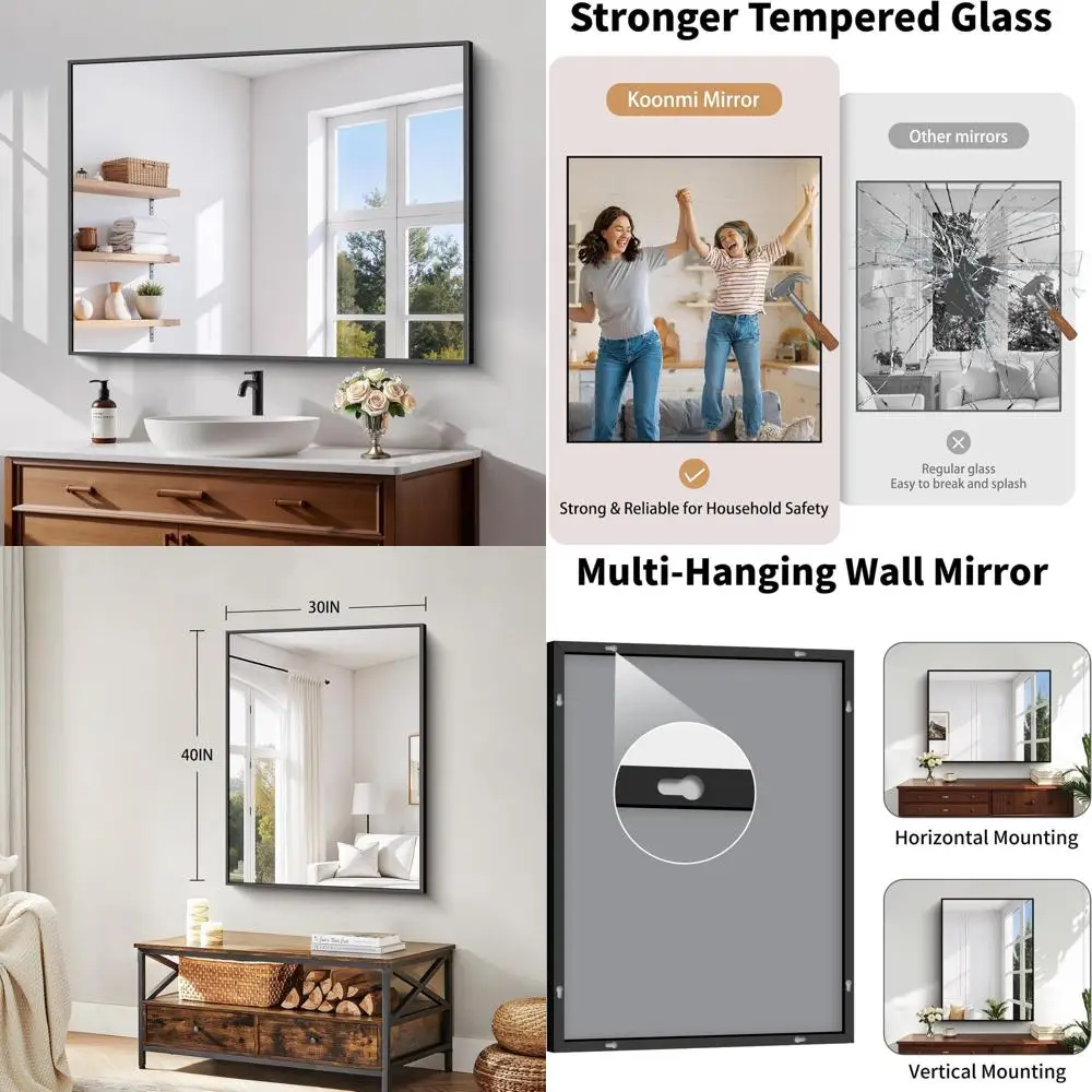 Bruchsicherer 30x40 Badezimmerspiegel aus gehärtetem Glas mit modernem Rahmen aus mattem Aluminium und verzerrungsfreiem HD-Ansicht