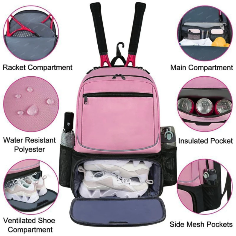 

Professional Tennis Backpack Sports Racket Pack Holds 1-2 Tennis Rackets Outdoor Badminton Bag With Shoe Pocket Large Capacity