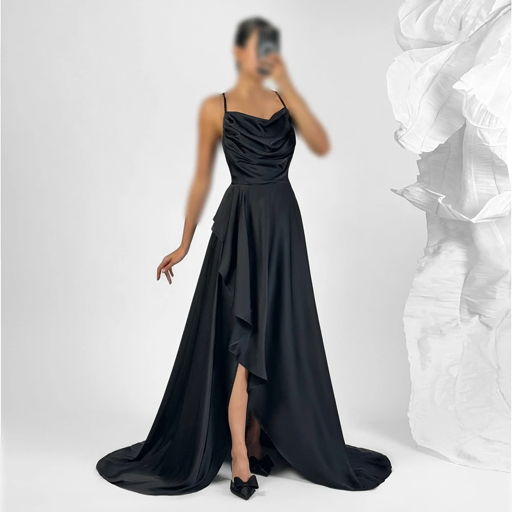 

Customized Square Collar Black Satin Women's Evening Dress Spaghetti Straps A-line Backless Party Gown Sweep Train Floor Gowns