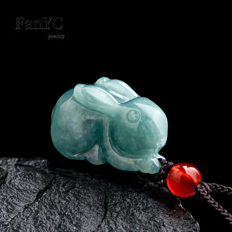 

Authentic Myanmar A Goods Jadeite Blue Water Zodiac Rabbit Pendant Beautifully Carved Cute Fashion Ladies Necklace Mascot