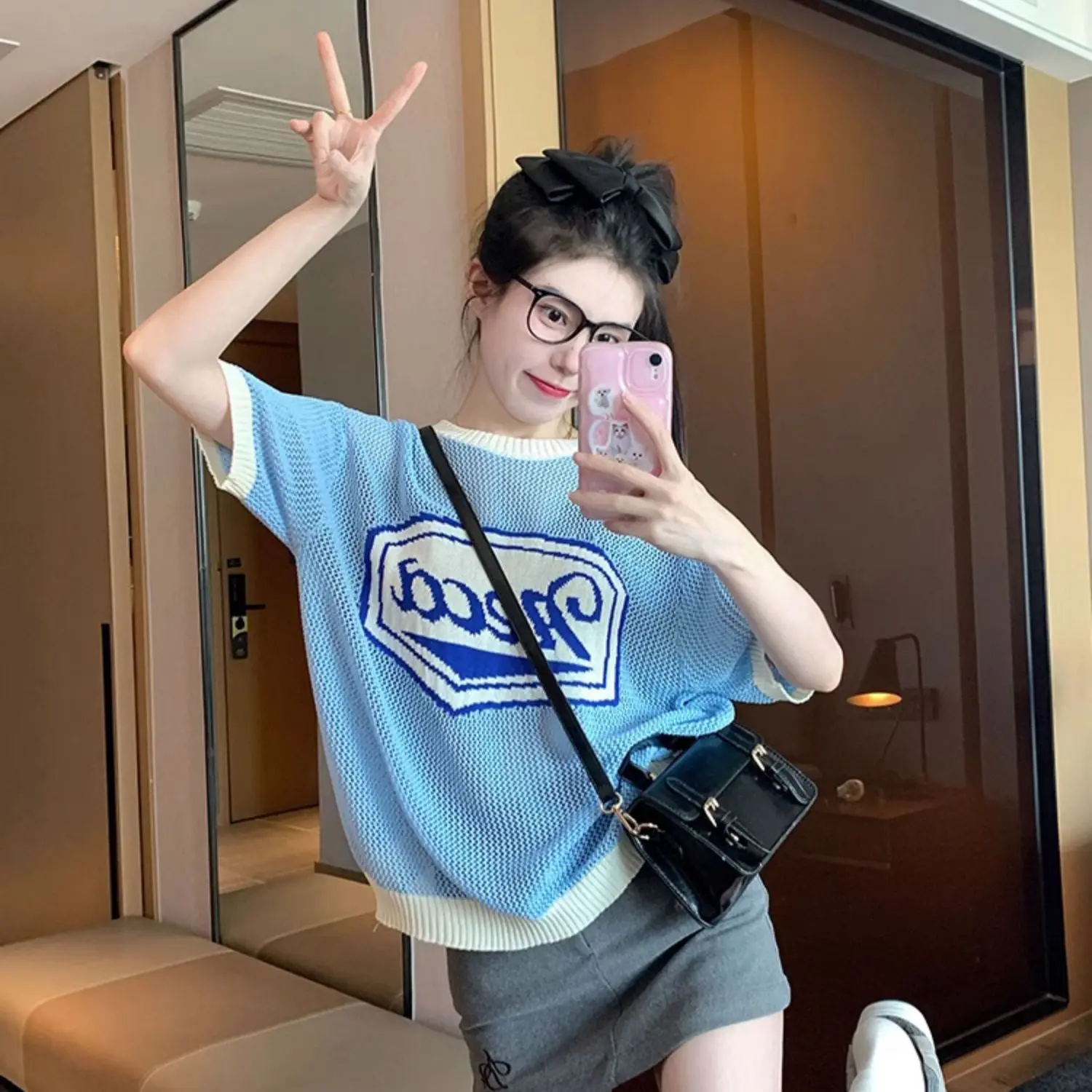 Korea Blue Hollowed Out O-Neck Letter Short Sleeve Women'S Pullover Top Summer T-Shirt Korean Simple Loose Casual