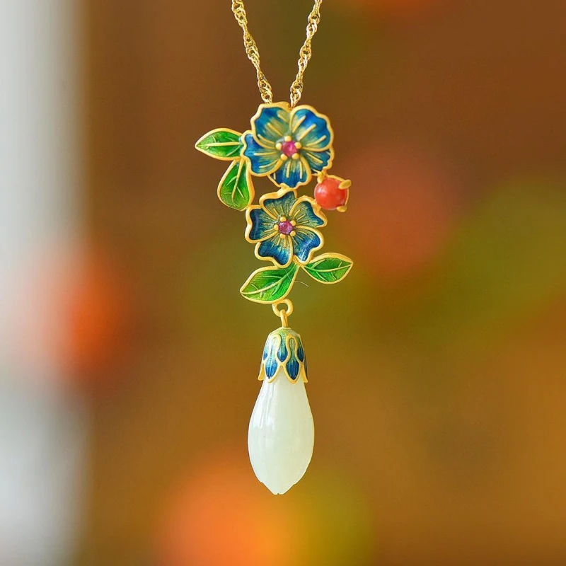 New in fresh Enamel Magnolia flower Colorful Necklace Natural Hotan Jade Pendant high-level vintage clavicle chain jewelry