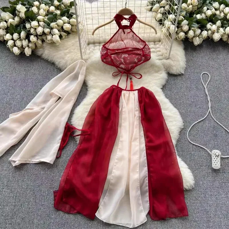 Chinese Tranditional Hanfu Dress Women Sexy Chffion High Split Temptation Lingerie Underwear Lace Halter Neck Erotic Nightgowns