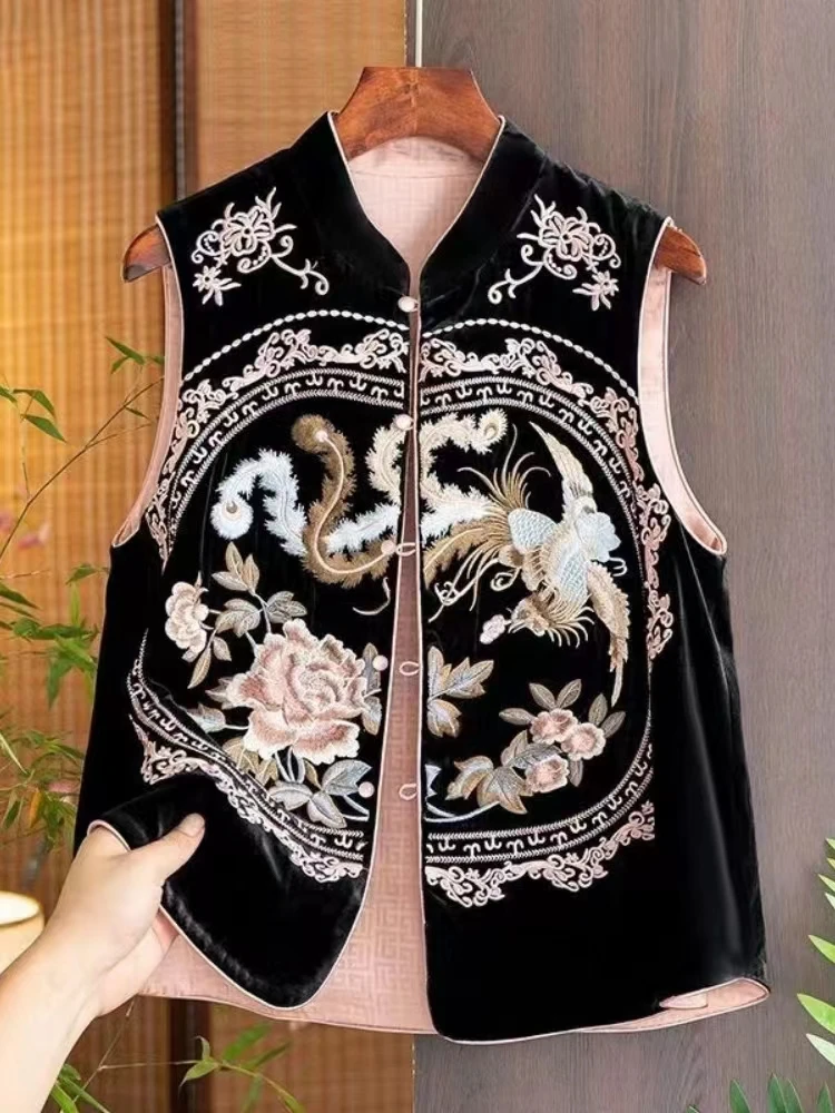 

Женский топ из китайского шелка и вельвета, новинка весна-осень, с вышивкой, воротник-стойка, застежка на одну пуговицу