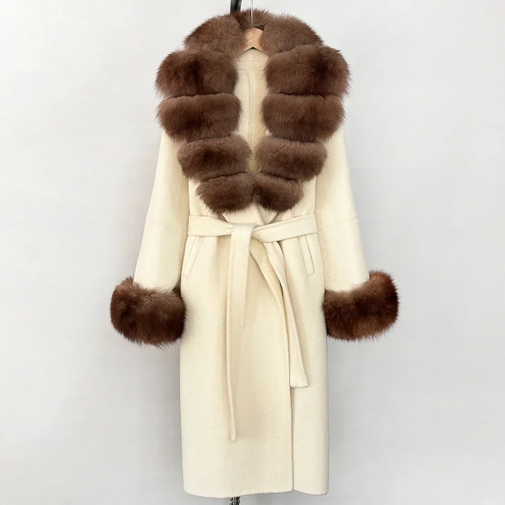 

Real Fur Jacket Elegant Warm Woolen Jacket Top Clothes Female Fashion Wool Coat Long Big Fox Fur Cuffs Women Autumn Spring
