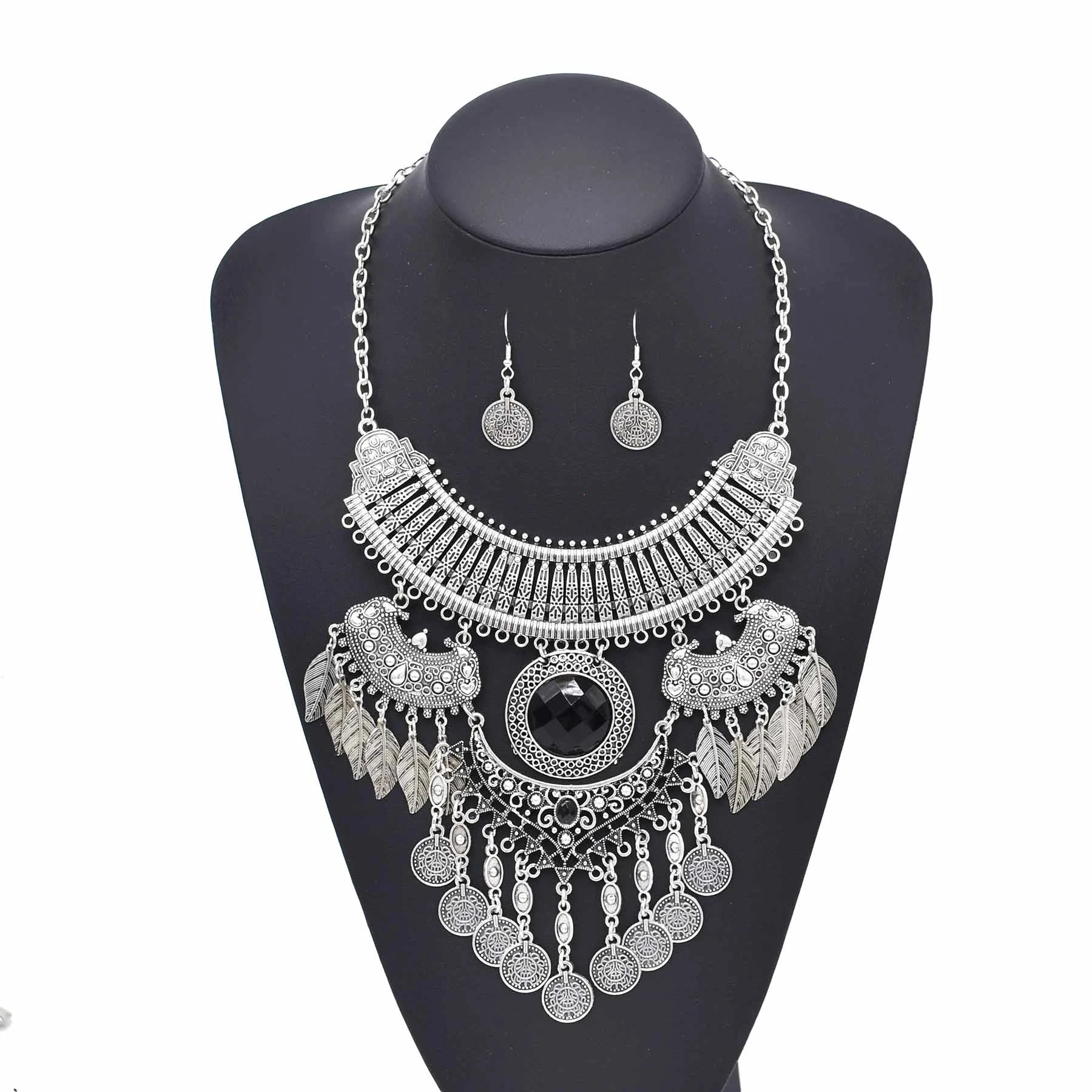 Bohojewelry's New Gypsy Ethnic Style Exaggerated Metal Complex Design Coin Tassel Pendant Women's Necklace Earring Set