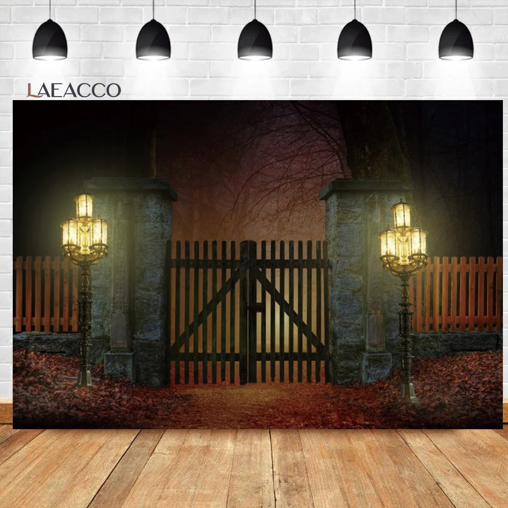 

Laeacco Halloween Photocall Backdrop Scary Night Abandoned Castle Wood Gate Gate Adults Child Portrait Photography Background