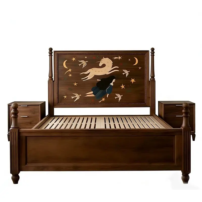 American retro backrest solid wood double bed, walnut starry sky unicorn children's bed