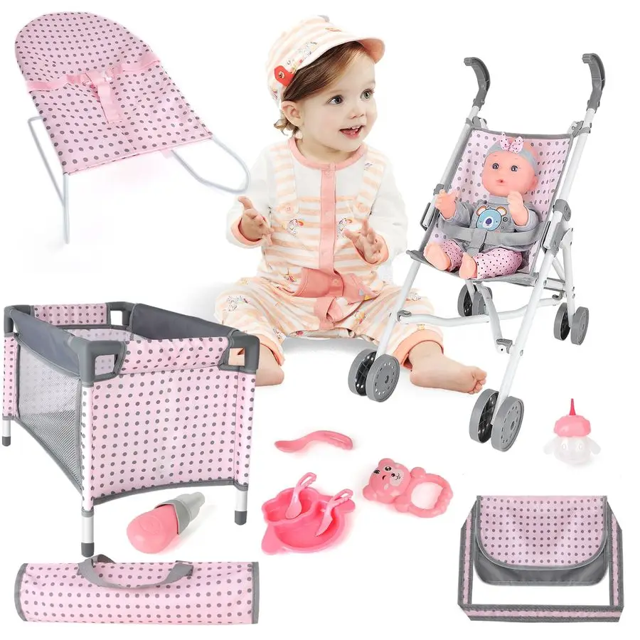 عربة أطفال لعربة الأطفال وسرير أطفال وحضانة لعب الأدوار مع ملحقات وبساط لعب، وسرير سفر، عربة أطفال قابلة للطي أ #2
