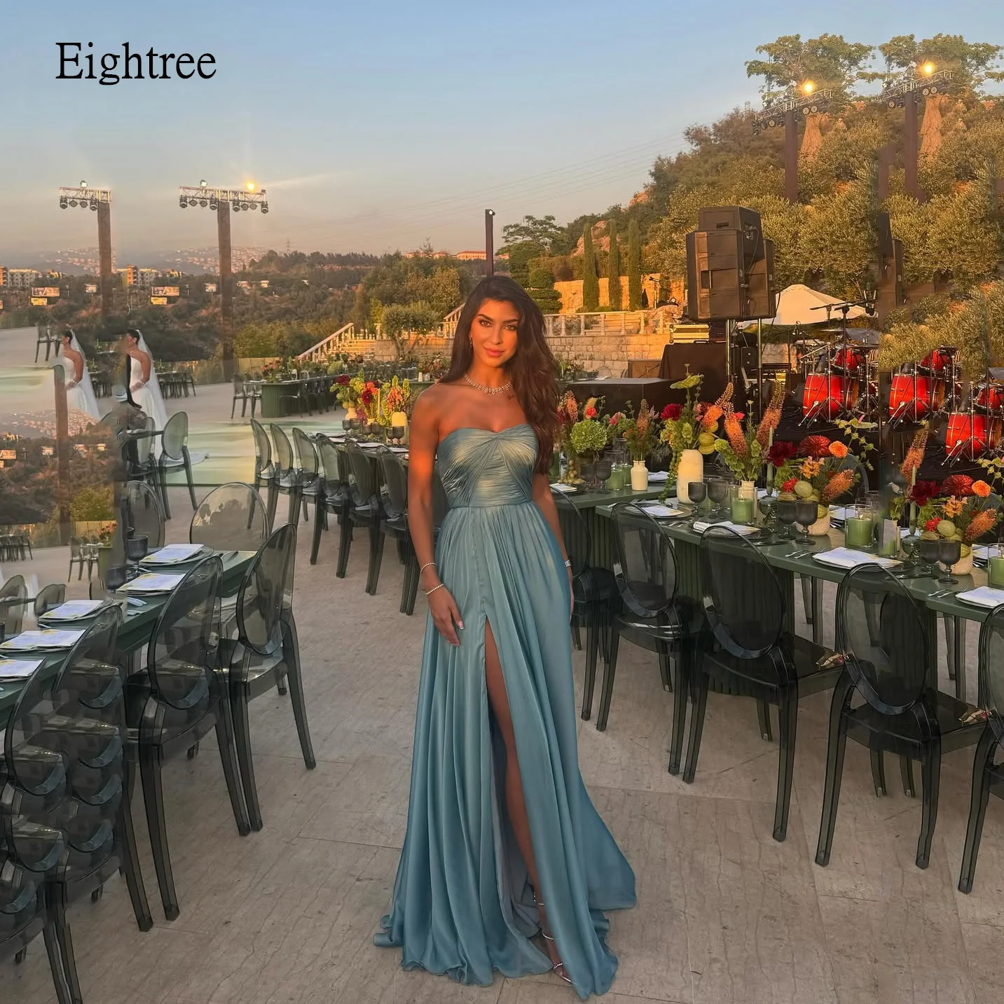

Eightree Sexy Sweetheart Neck A Line Prom Gowns Sleeveless Tiered Party Gown Side Slit Floor Length Evening Dress Customized