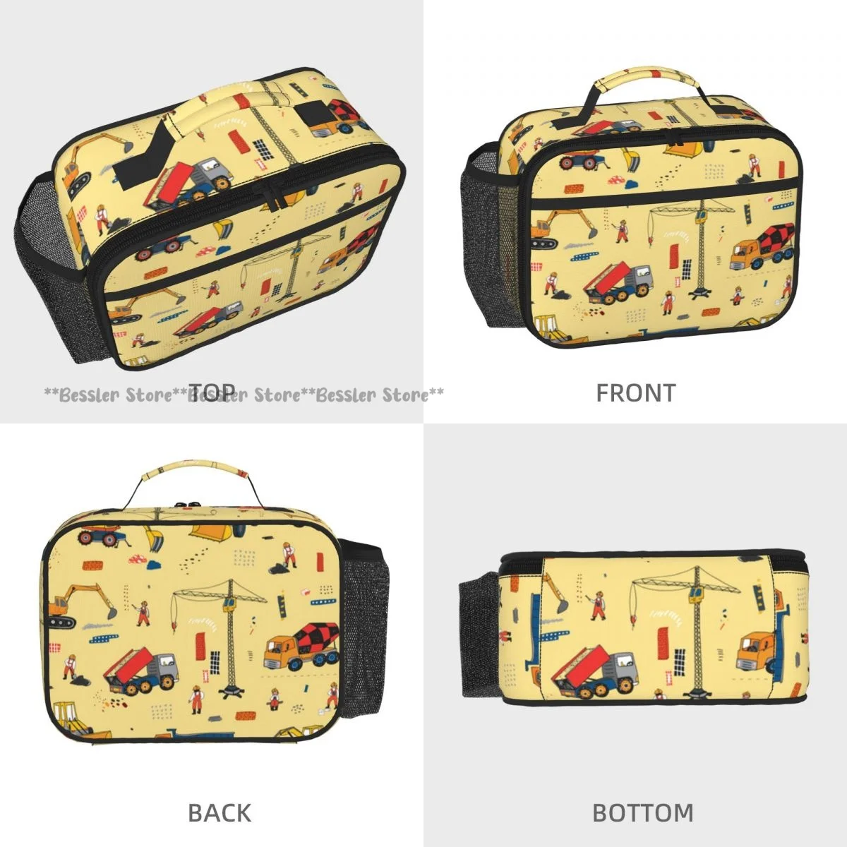 Handheld Thermal Lunch Bag Construction Equipment And Workers Illustration Insulated Bento Carrier for Adults Students