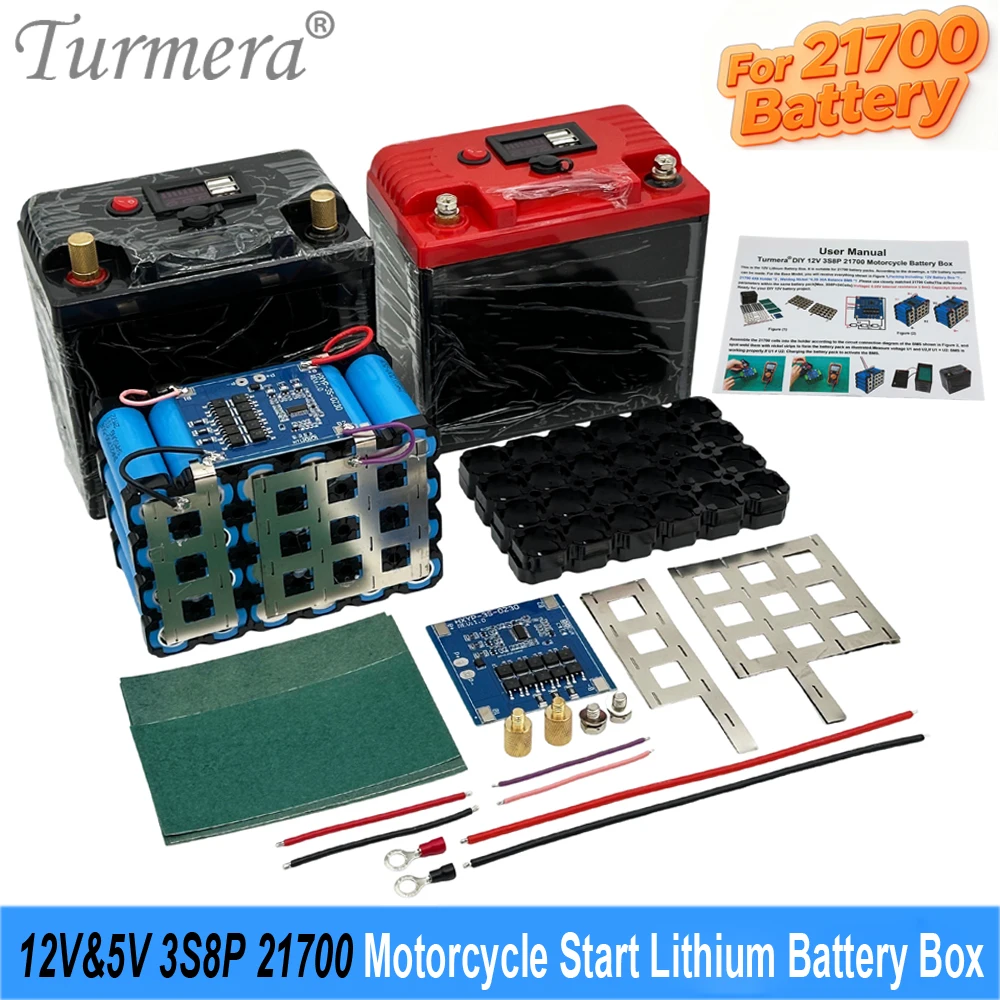 12V Motorcycle Start Battery Box 21700 3S8P 30A BMS Customize Capacity Displayer 2*USB 5V Power Bank Controllable Dual-Channel