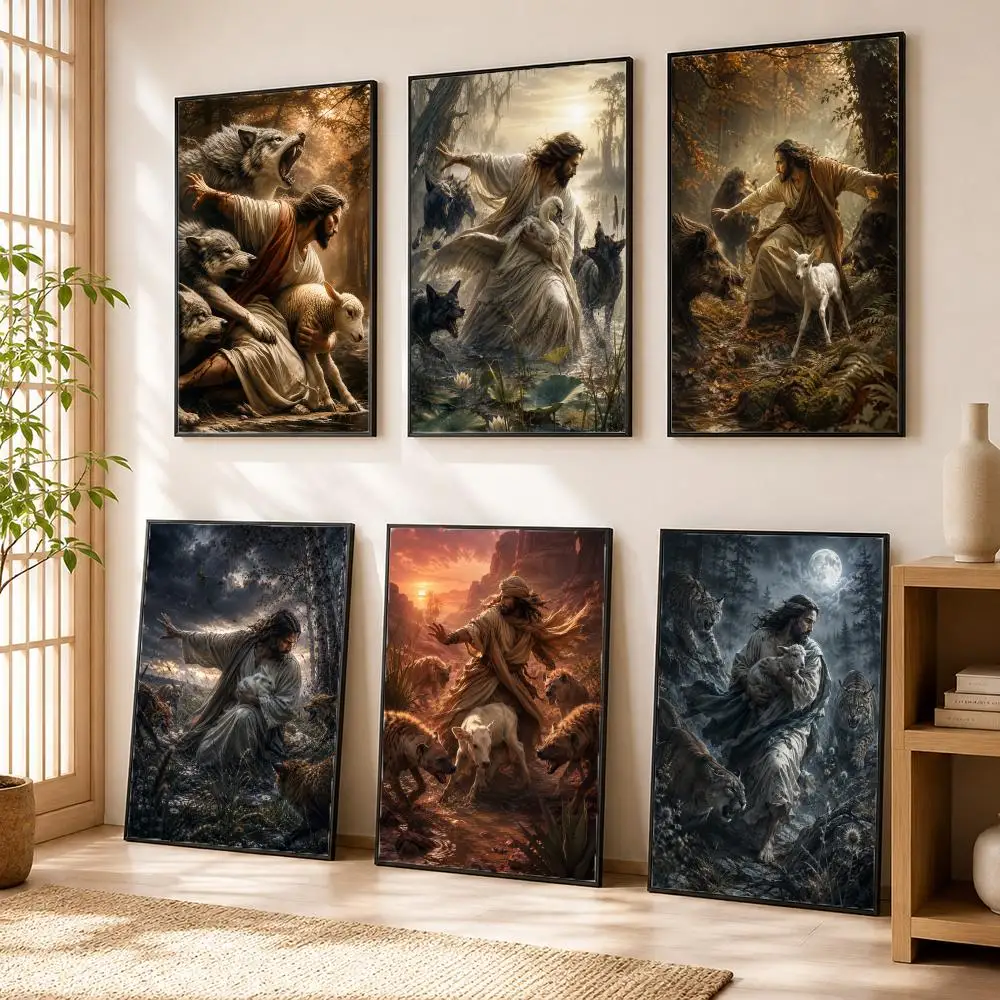 Shepherd Protecting Lamb From Wolves Poster Stickers HD Painting Self-Adhesive Art for Bedroom Room Home Decor Wall Decals Gift