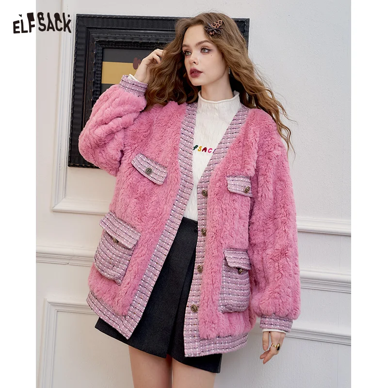 ELFSACK 2024 Winter New Arrivals Houndstooth stitching pink fluffy coat for women