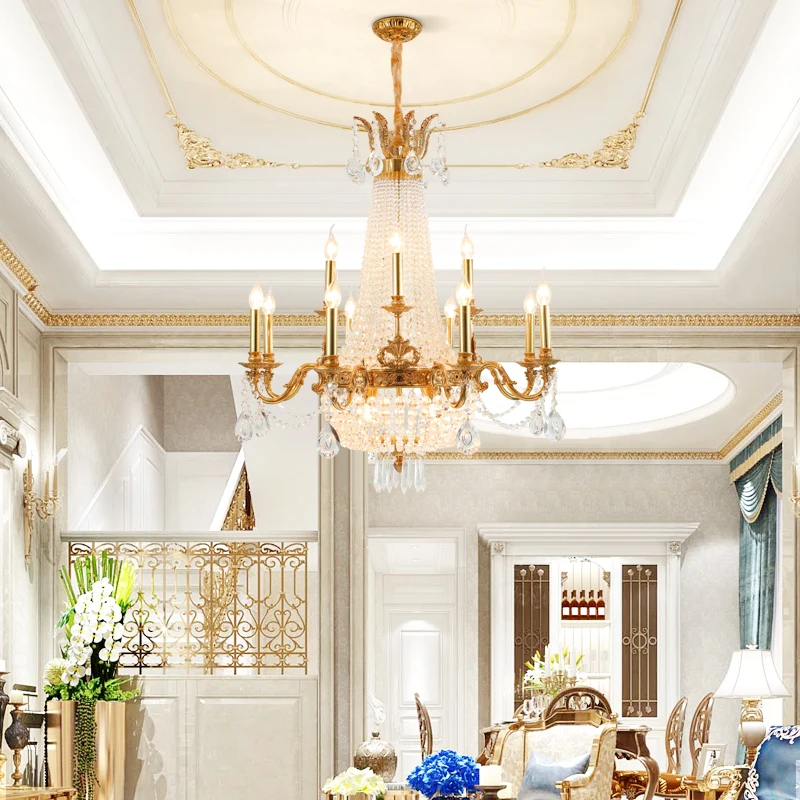 French style villa living room brass crystal chandelier duplex building luxury staircase pendant light