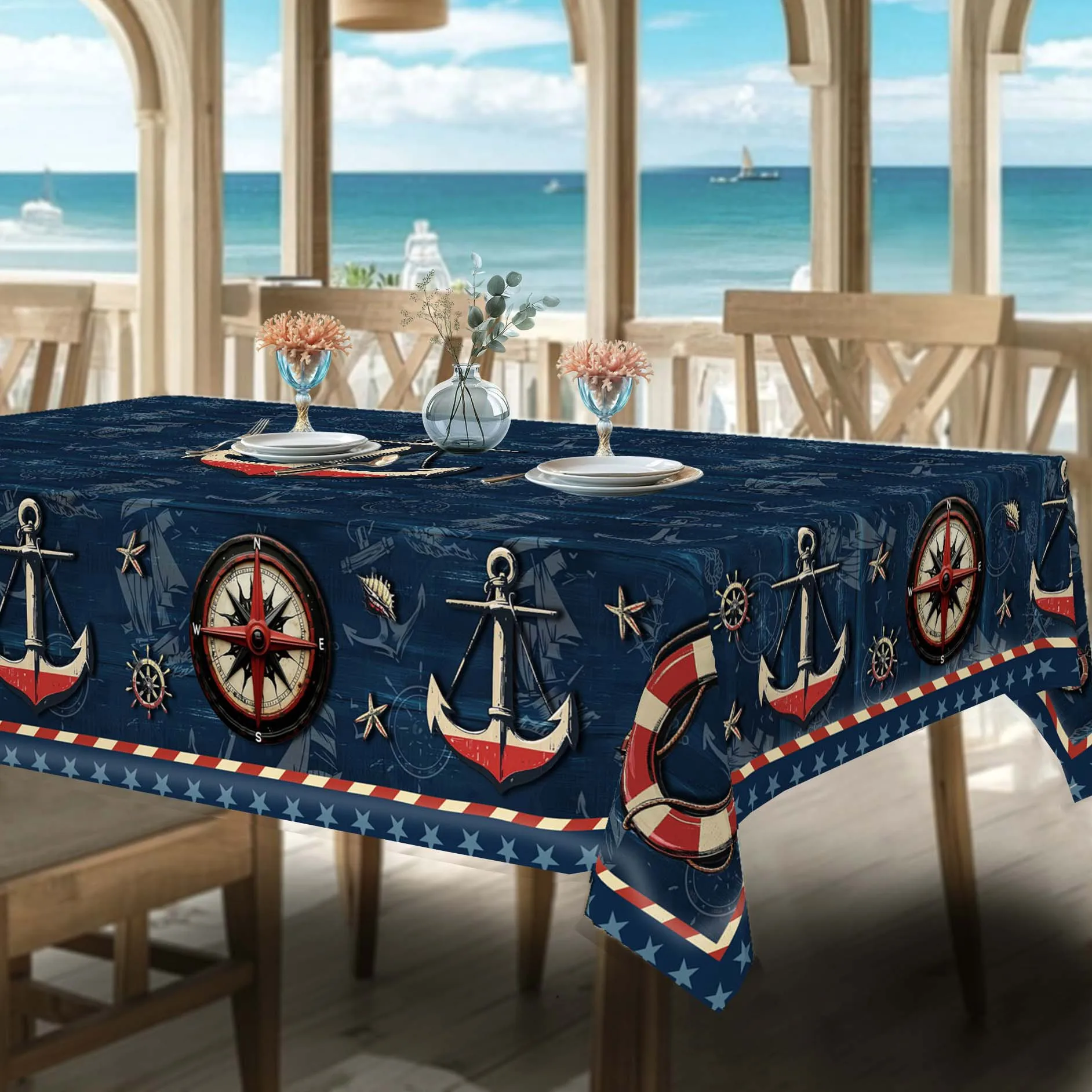 Sailing Style Tablecloth - Retro Ship Anchor, Shell and Lifebuoy Pattern Design, Made of Durable Polyester Material