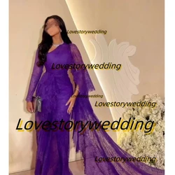 Customized Purple Lace Prom Dresses Celebrity Women Wear Long Sleeves Flutters Evening Party Wedding Guests Special Party