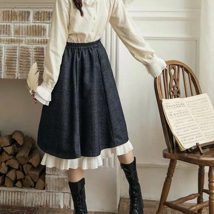 Double Organ Pleated Plaid Skirt Women's Autumn and Winter 2024 New High Waist A Word Literary Retro Long Pleated Skirt