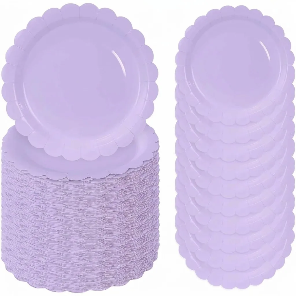 50pcs Scalloped Paper Plates, 7 Inch Disposable Dessert Plates Purple Tableware for Kids Birthday Wedding Baby Shower Decor