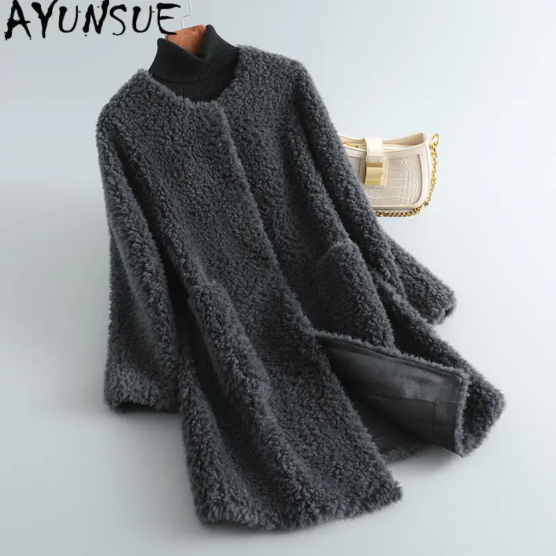 

AYUNSUE 100% Sheep Shearing Jacket Winter Elegant Wool Jacket Fur Coat Women Mid-length Fur Jackets Oneck Manteau Femme Hiver SG