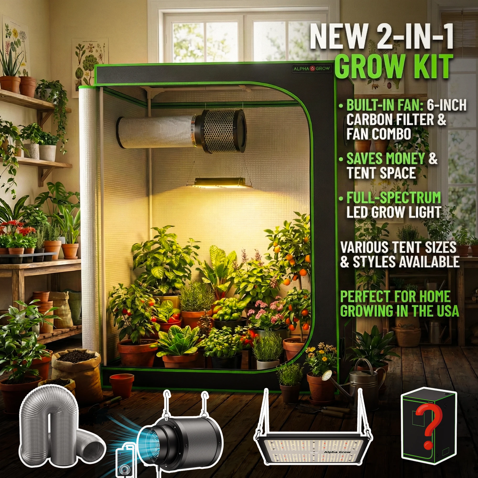 

Grow Tent System with 6” Fan-Filter Combo Unit and Optional LED Grow Light — Available in Multiple Tent Sizes (2x2, 3x3, 4x2,