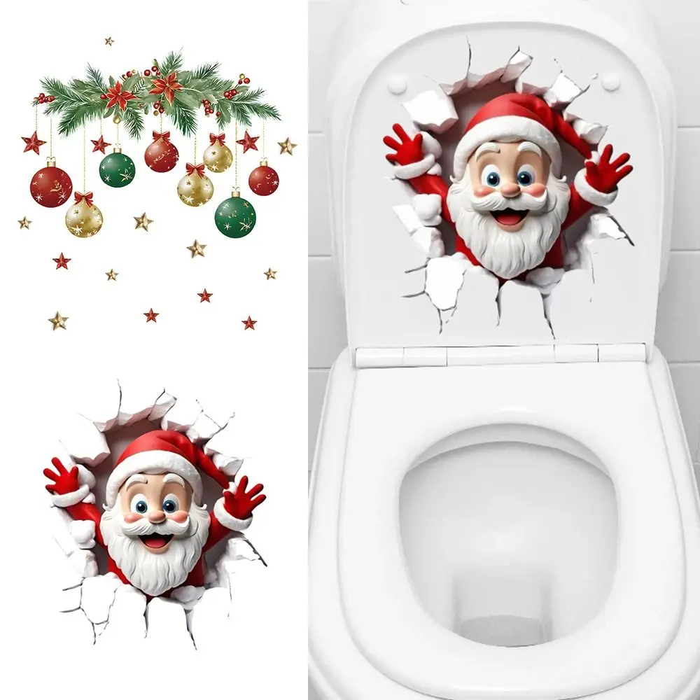 Multicolor Christmas Toilet Sticker Cartoon Xmas Ball Xmas Sticker PVC Santa Broken Wall Merry Christmas Decoration