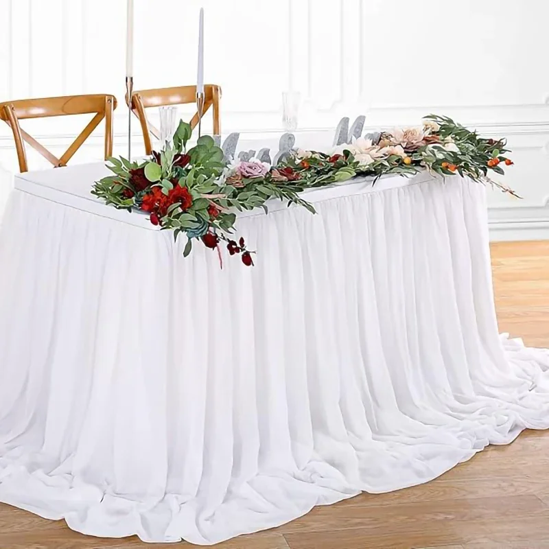 1Pcs White Chiffon Table Skirt RectangleTable Sheer Tablecloth For Baby Shower Birthday Party Wedding Cake Table Decoration