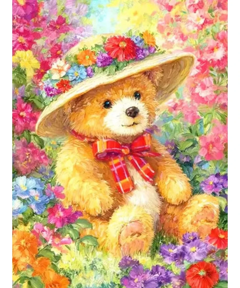 DIY Garden Teddy Bear Diamond Painting, Flower Straw Hat Plaid Bow For Living Room Wall Decoration Handmade Gift