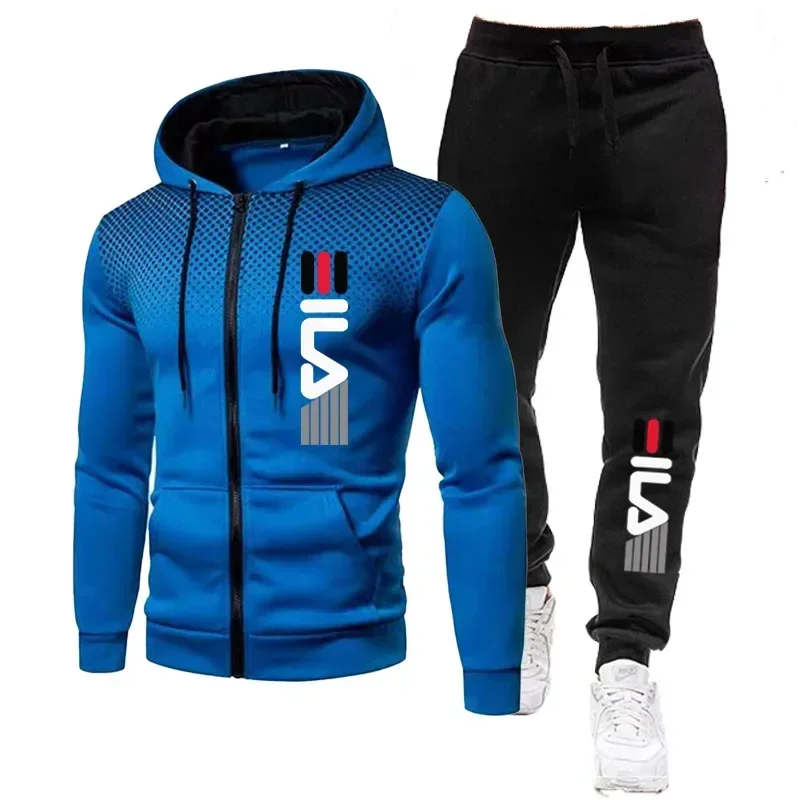 Trajes de dos piezas para correr para hombre, Otoño Invierno, manga larga, estampado con cremallera, Abrigo con capucha y pantalones de chándal largos, chándales deportivos para hombre al aire libre