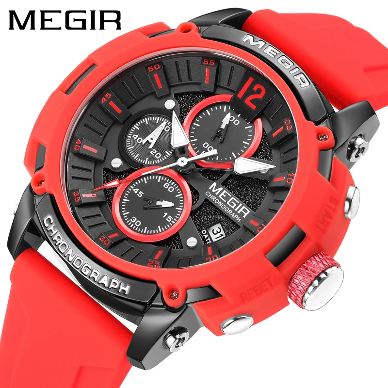 MEGIR Mens Watches Top Brand Luxury Silicone Strap Waterproof Sport Chronograph Quartz Watch for Men Clock Relogio Masculino