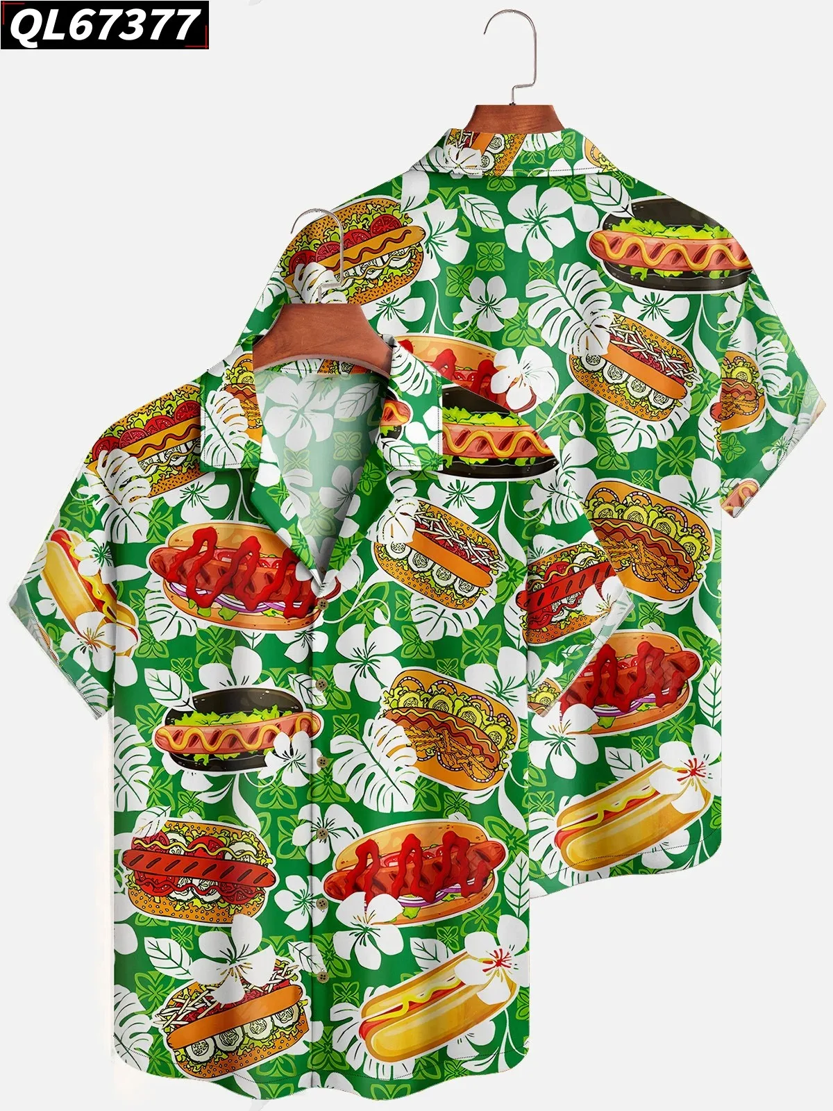 

New Summer Men's Shirts High Quality Clothing Tasty Food Hot Dog Burger Print Hawaiian Shirt Man Plus Size Elegant Blouses Tops