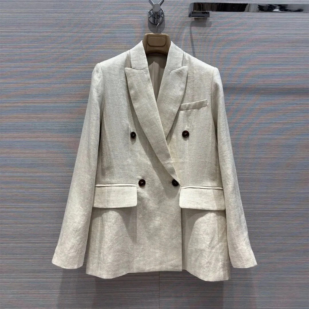 2024 New Autumn Fashion Casual Blazer Suit Women Notched Double Breasted Long Sleeve Beige Color Cotton Linen Casual Slim Jacket