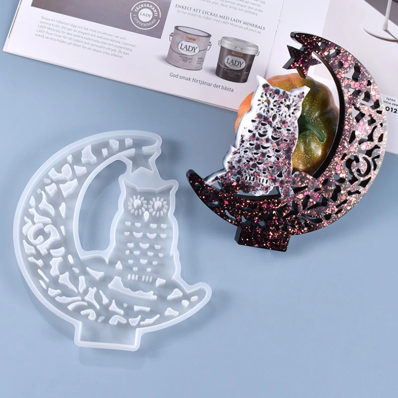 DIY Crescents Owl Resin Mold Ramadan Silicone Mold Display Board Casting Mold Epoxy Moulds for Table Home Decoration Crafts