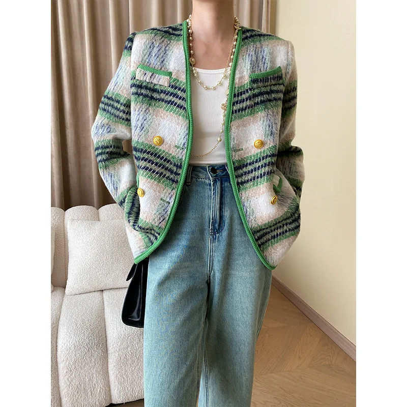 

Women's Autumn Winter Double Breasted Plaid Vintage Wool V Neck Fragrant Coat Woolen Short Outwear Casaco