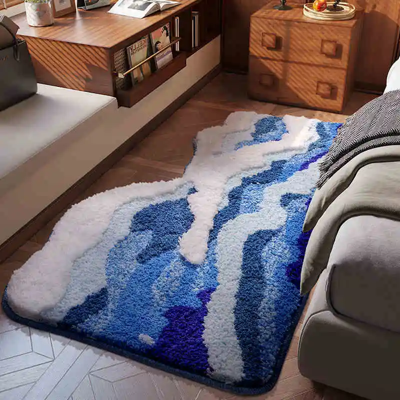 Aesthetic Wave Tufted Carpet Bathroom Antislip Rug Ocean Sea Tufting Plush Carpet House Livingroom Decoration Bedside Area Rug
