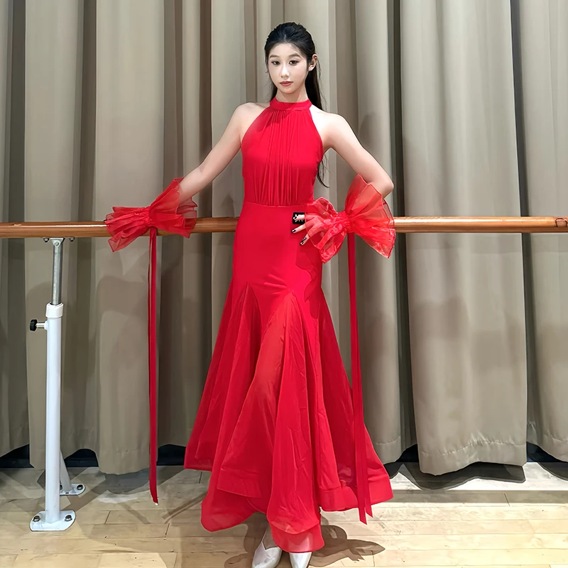 

2026 Modern Ballroom Dance Dress Red Halter Neck Long Dress Women Performance Clothes Waltz Tango Dance Competition Dress SS1482