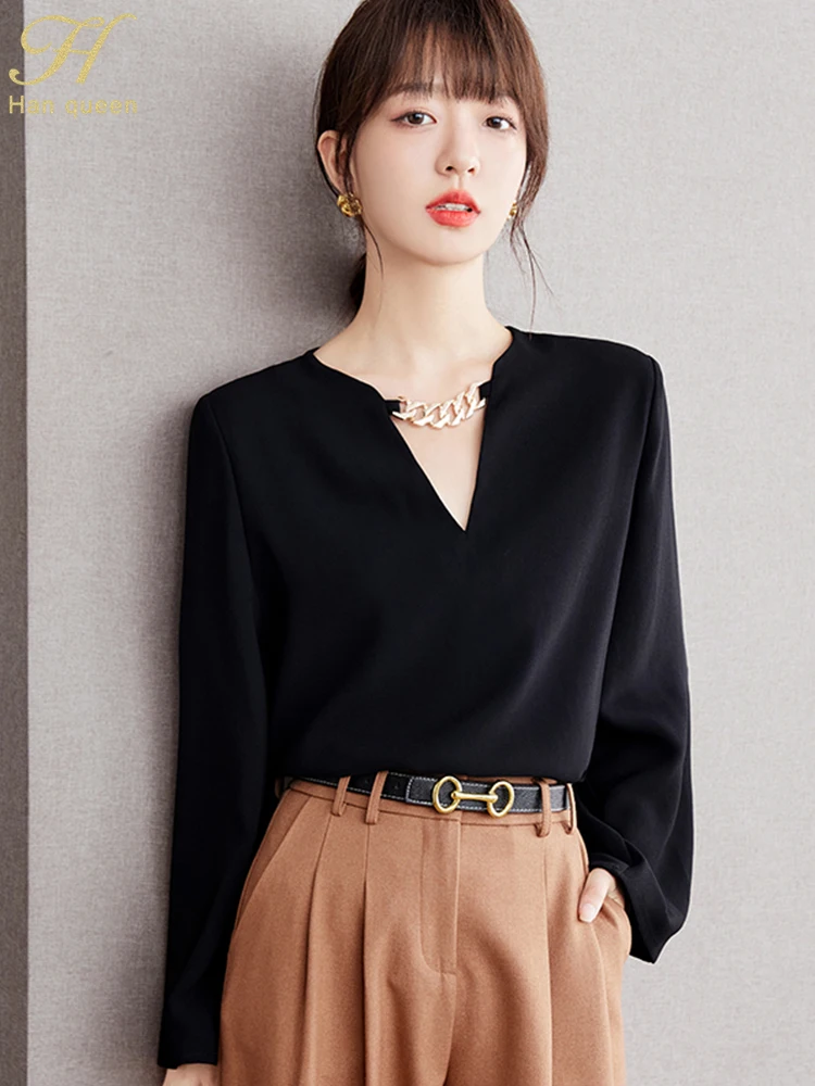 H Han Queen New 2024 Autumn Loose Long Sleeve Chiffon Blouse Work Casual Tops Simple Basic Blouses Women\'s Black Vintage Shirt