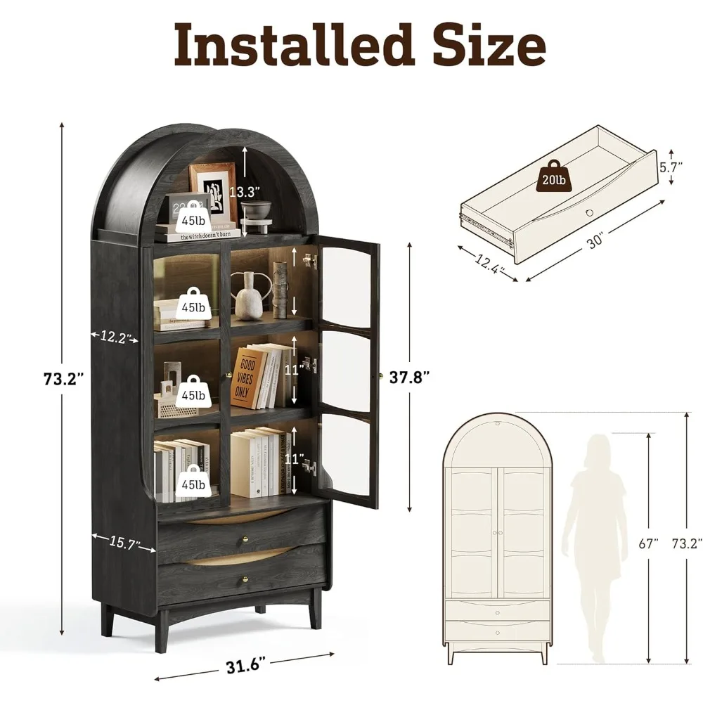 خزانة كتب مقوسة طويلة حديثة مكونة من 4 طبقات مع أبواب زجاجية وأضواء LED وأرفف خشبية متينة للتخزين الأنيق #2